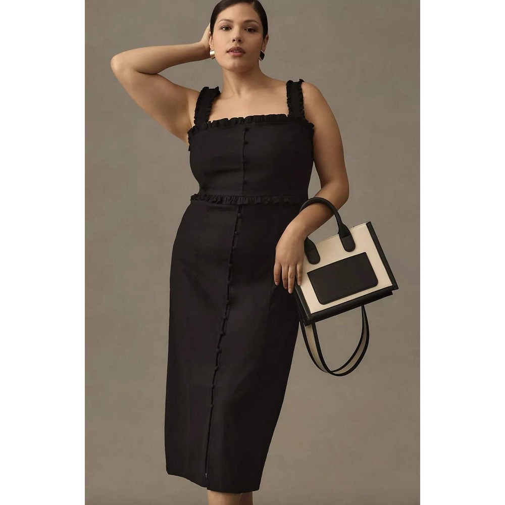 By Anthropologie The Linden Slim Square-Neck Midi Dress Black 2X Button Front